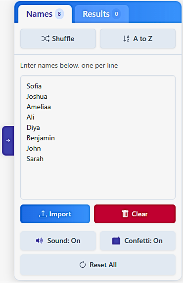 control panel for Wheel Of Names